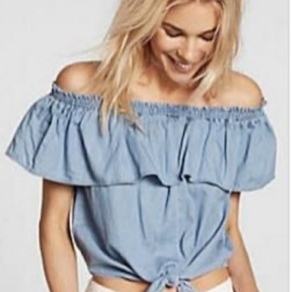 EXPRESS Blue Denim Chambray Tie Front Ruffle Neckline Off The Shoulder Top - Picture 1 of 10